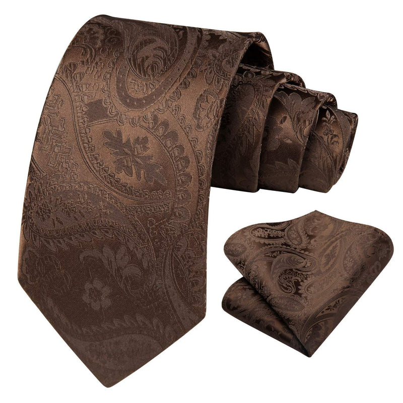 [Australia] - HISDERN Solid Paisley Tie for Men Handkerchief Woven Classic Flower Men's Necktie & Pocket Square Set A-cocoa Brown 8.5cm / 3.4 inches in Width 