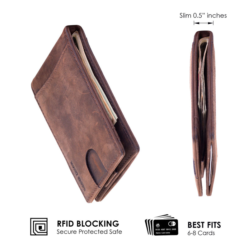 [Australia] - MOUNT BROWN Bifold RFID Blocking Slim Minimalist Genuine Leather Front Pocket Wallets for Men, Thin Money Clip with Pull Tab Vintage Brown 