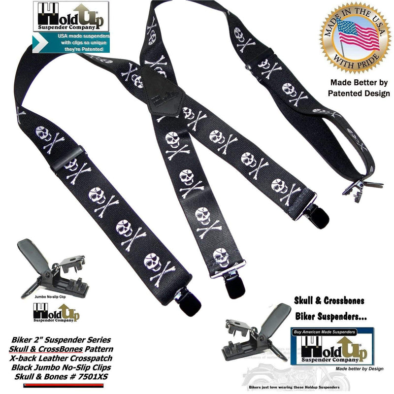 [Australia] - Holdup Brand Skull & Crossbones pattern X-back Biker Suspenders with Jumbo No-slip Clips 