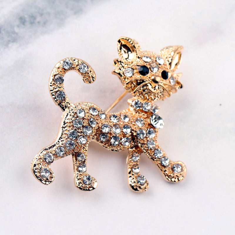 [Australia] - FEELMEM Crystal Rhinestone Cat Brooch Pin Rose Gold Shining Brooches for Women Girls Wedding/Banquet/Birthday Party 