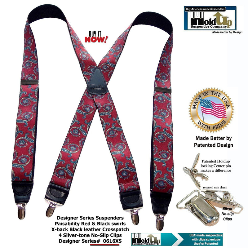 [Australia] - USA made Red Paisley Pattern Holdup Suspenders with black leather X-back crosspatch and Patented No-slip Silver Clips 