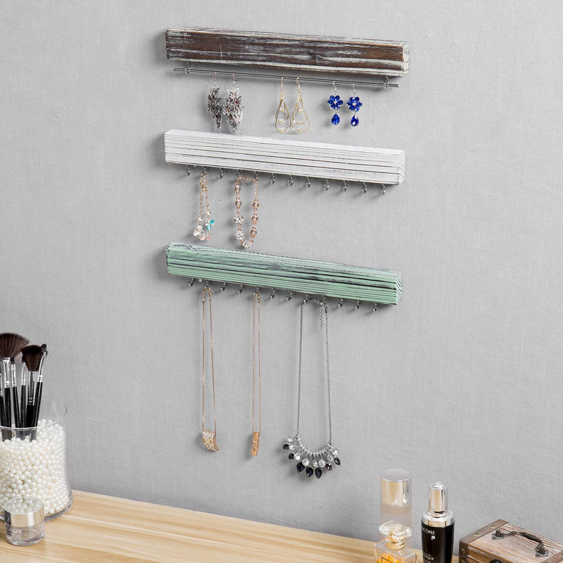 [Australia] - MyGift 24-Hook Wall Mounted Rustic Wood & Metal Jewelry Organizer Racks with Hanging Bar, Set of 3 