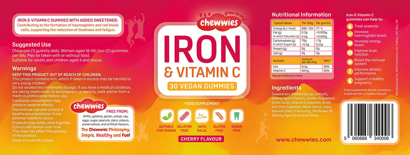 [Australia] - Iron & Vitamin C - Vegan Chewable Gummies - Sugar Free Ferrous Sulfate Iron | Helps Strengthen Your Immune System | 1-Month Supply by Chewwies Vitamins 