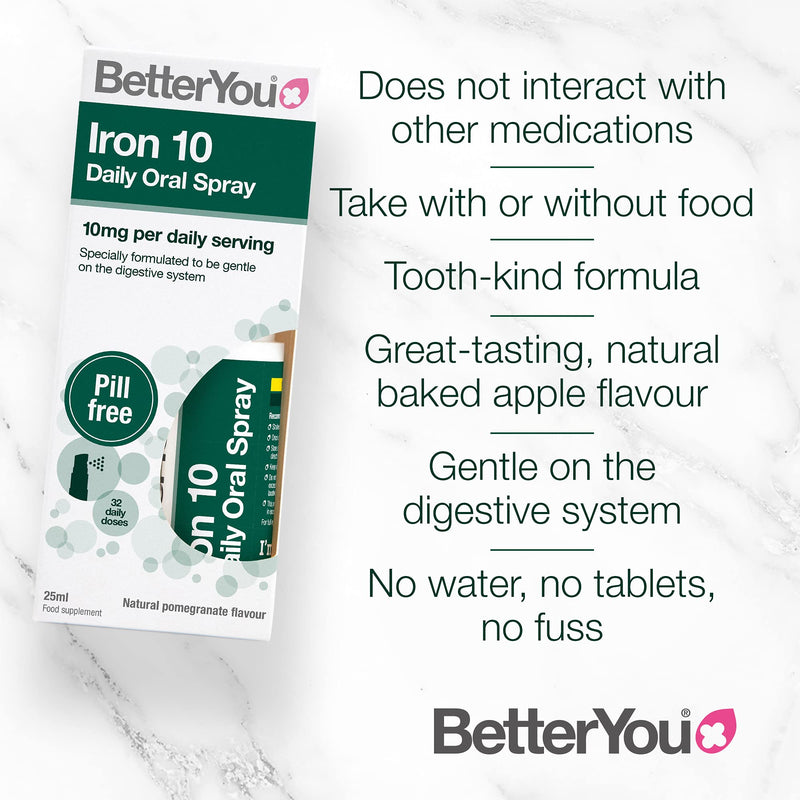 [Australia] - BetterYou Iron 10 Daily Oral Spray | Iron Supplement and Immune System Support | Delivers 10mg of Highly Absorbable Iron Per Dose | 25ml | 32 Daily Doses | Natural Pomegrante Flavour 