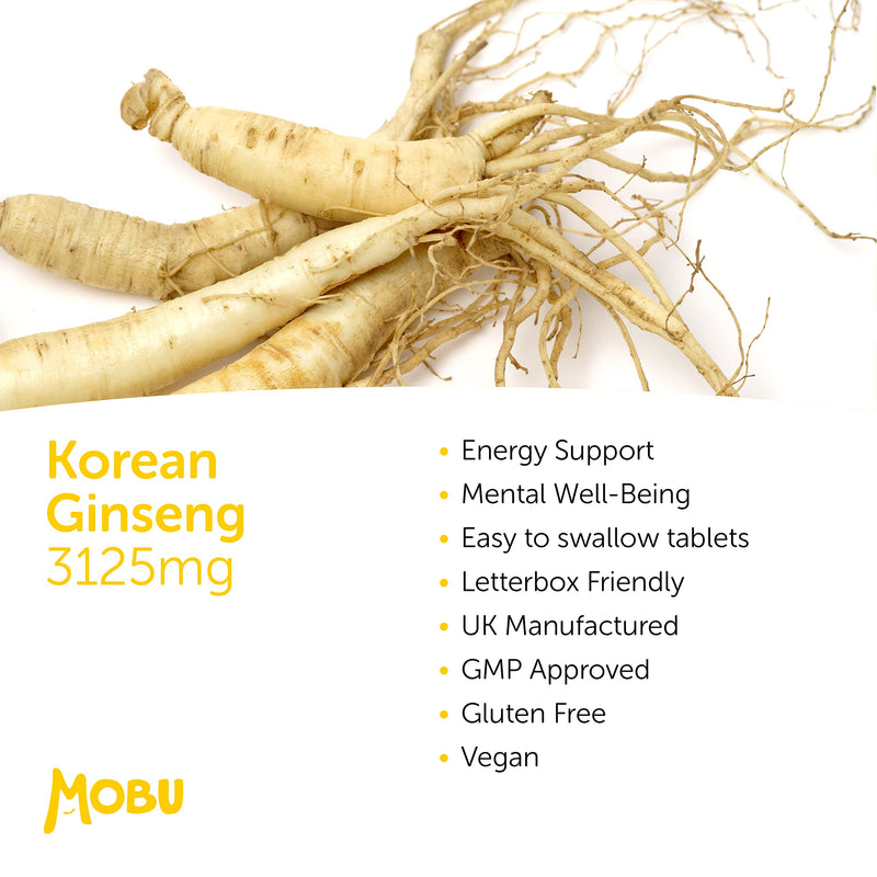 [Australia] - Korean Ginseng Max 3125mg 120 Tablets | High Strength Panax Ginseng | Cognitive Health & Endurance | GMP Approved | Vegan Letterbox Friendly | MOBU UK 