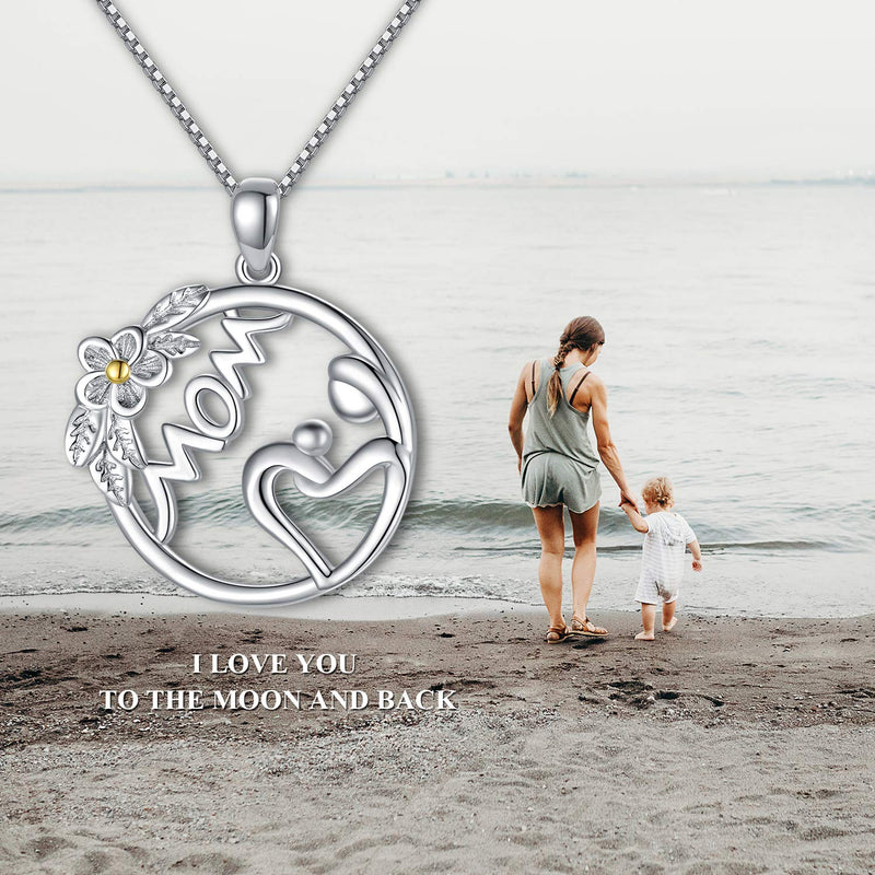 [Australia] - LONAGO 925 Sterling Silver Mom Heart Carnation Flower Necklace I Love You Mom Pendant Grandma Women Wife Jewelry Mother's Day Birthday Gift Mom & Child 