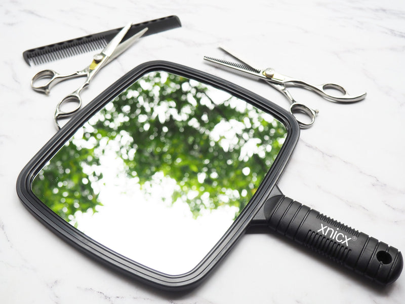 [Australia] - xnicx Hand Mirror Professional Hand Held Mirror Barbers Shaving Salon Mirrors Hairdressers Compact Mirror Tool with Handle for Travel Festival Essentials Black 1pcs Black 