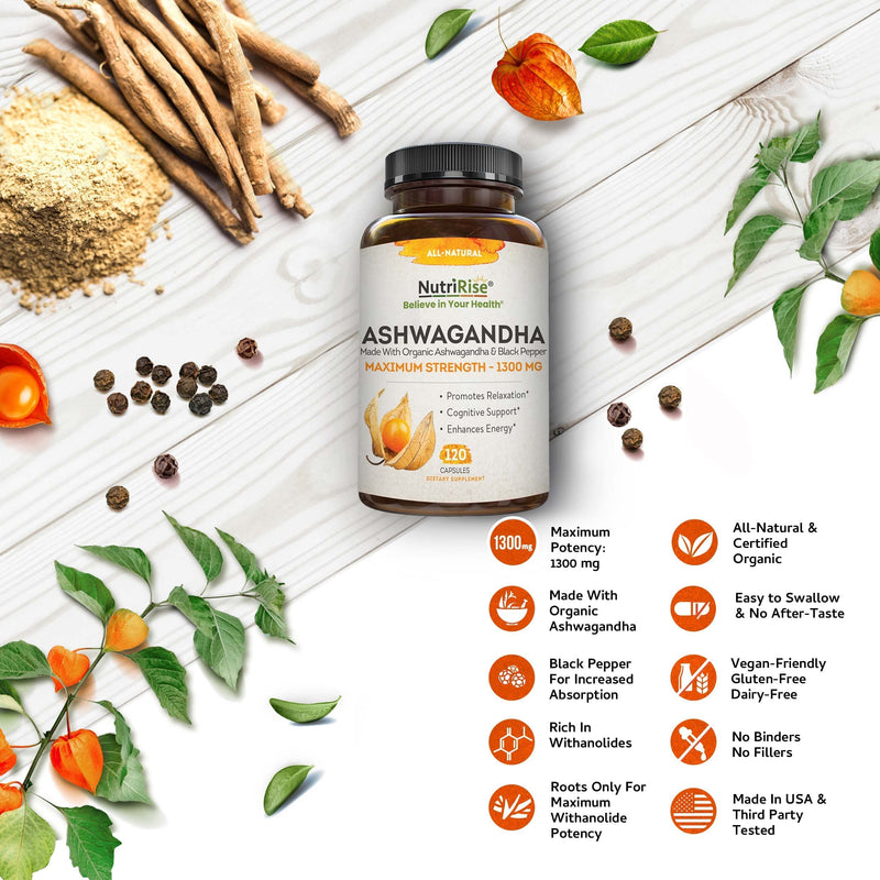 [Australia] - Organic Ashwagandha Capsules - High Potency 1300 mg: Ultimate Natural Sleep Support, Immune Support, Focus, and Energy Supplement with Black Pepper for Wellbeing and Vitality 