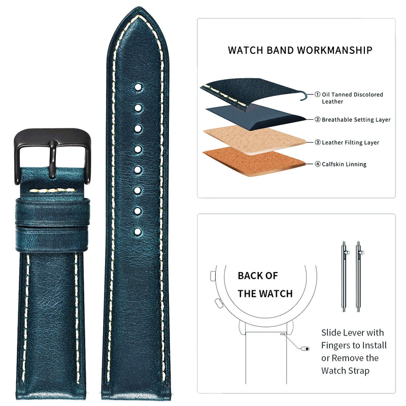 [Australia] - Vintage Leather Watch Band EACHE Watch Strap Oil Wax/Discolored Litchi Grain Genuine Leather Replacement Watchband for Men for Women 18mm 19mm 20mm 21mm 22mm 23mm 24mm Dark Blue Black Buckle 