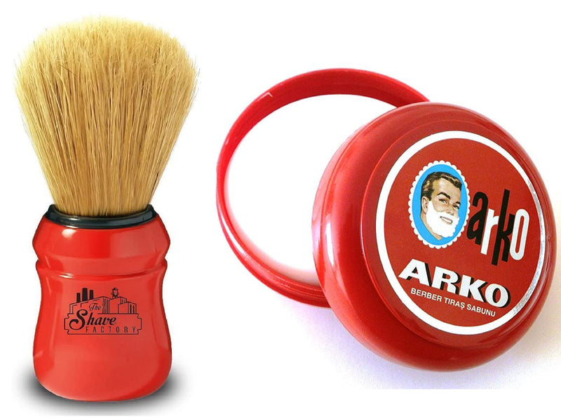 [Australia] - Arko/Omega Shaving Soap- 90g, Bowl Case + Omega Shaving Brush, Natural Boar Bristle, Red 