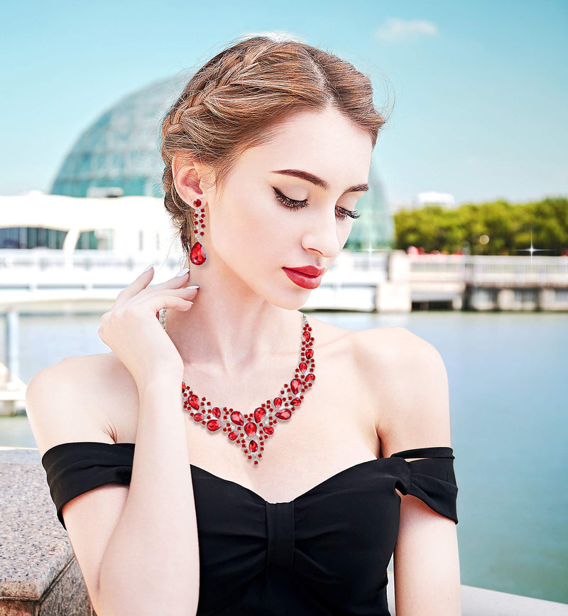 [Australia] - Fiasaso Crystal Bridal Jewelry Set for Women Rhinestone Necklace Earrings Bracelet Wedding Bridesmaid D: 3pcs-red 