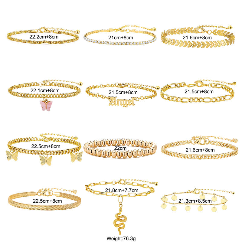 [Australia] - ÌF ME 6-12 Pcs Gold Ankle Bracelets Set for Women Girls Adjustable Chain Butterfly Beach Anklet Bracelet Set for Foot Jewelry Gifts 12 pcs 