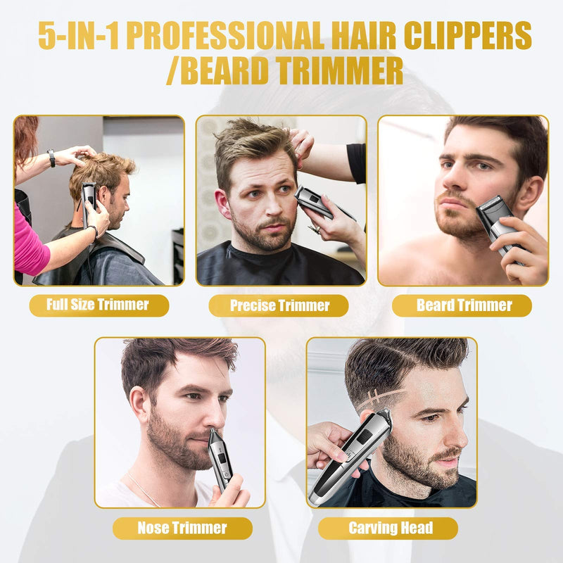 [Australia] - Hair Clippers Beard Trimmer Kit for Men Professional Cordless Hair Mustache Trimmer Hair Cutting Nose Ear Hair Trimmer Groomer Kit, 2 Speed, LED Display USB Rechargeable 5 in 1 