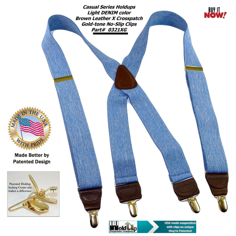 [Australia] - HoldUp Suspender company Light Blue Denim 1 1/2" X-back Suspenders with Patented No-slip Gold-tone Clips 