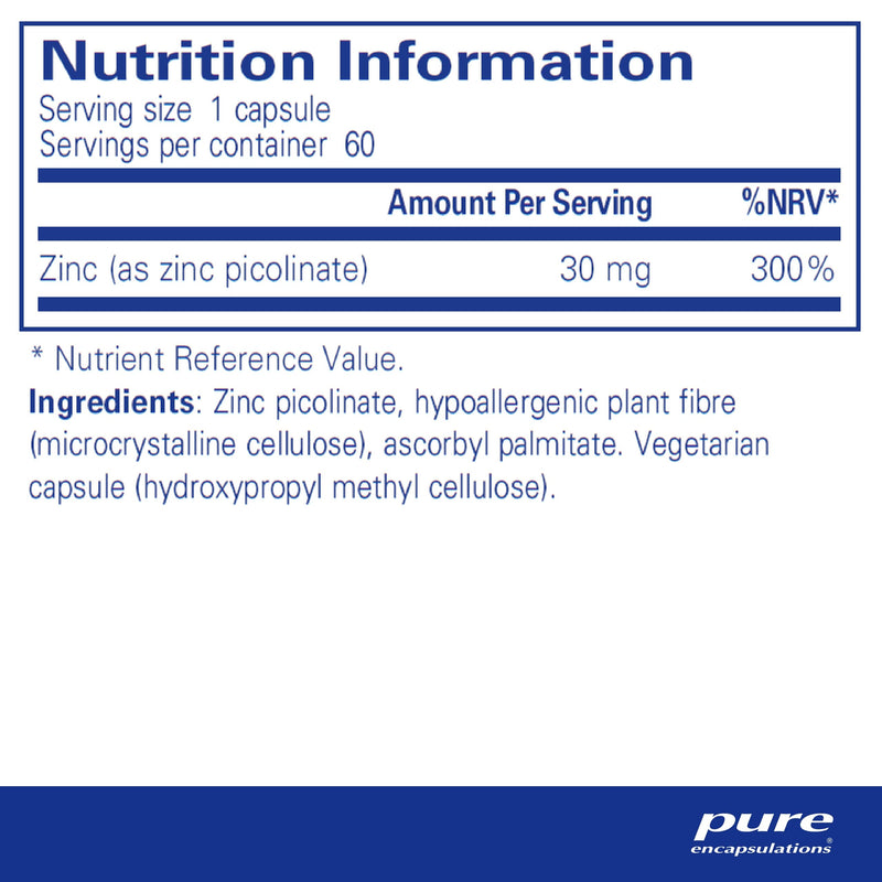 [Australia] - Pure Encapsulations - Zinc 30 - Zinc Picolinate 30mg - Highly Absorbable Hypoallergenic Immune System Supplement - 60 Capsules 60 Count (Pack of 1) 