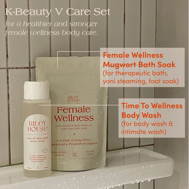 [Australia] - Riley House V Balancing Set - 1 Time to Wellness Body Feminine Wash (300g) & 1 Female Wellness Mugwort Bath Soak/Yoni Steaming Herbs (3.5 OZ, 5-10 steams) for PMS Care, Postpartum Care 