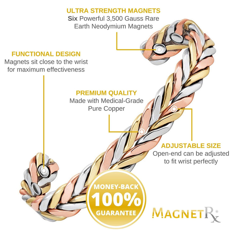 [Australia] - MagnetRX® Woven Copper Magnetic Bracelet - Magnetic Copper Bracelets - Adjustable Pure Copper Cuff Bracelet with Magnets Tri-color M / L 