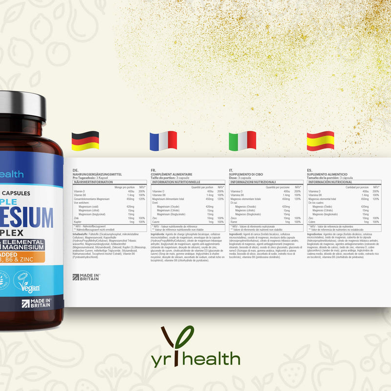 [Australia] - Vegan Magnesium Supplements with Zinc, 180 Capsules, Triple Magnesium Complex Supplement Plus Vitamin D, B6 & Copper, Vegan Society Registered, Made in The UK by YrHealth 