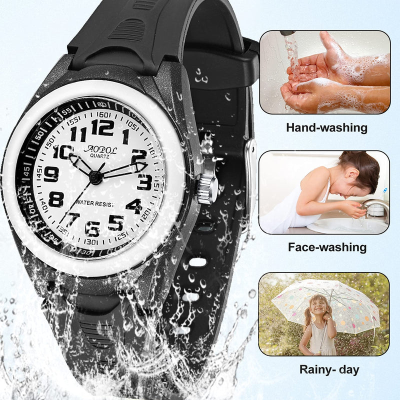 [Australia] - Kids Analog Watch Boys Girls Children Waterproof Time Teaching Watch Soft Band Wrist Watch for Kids Black 