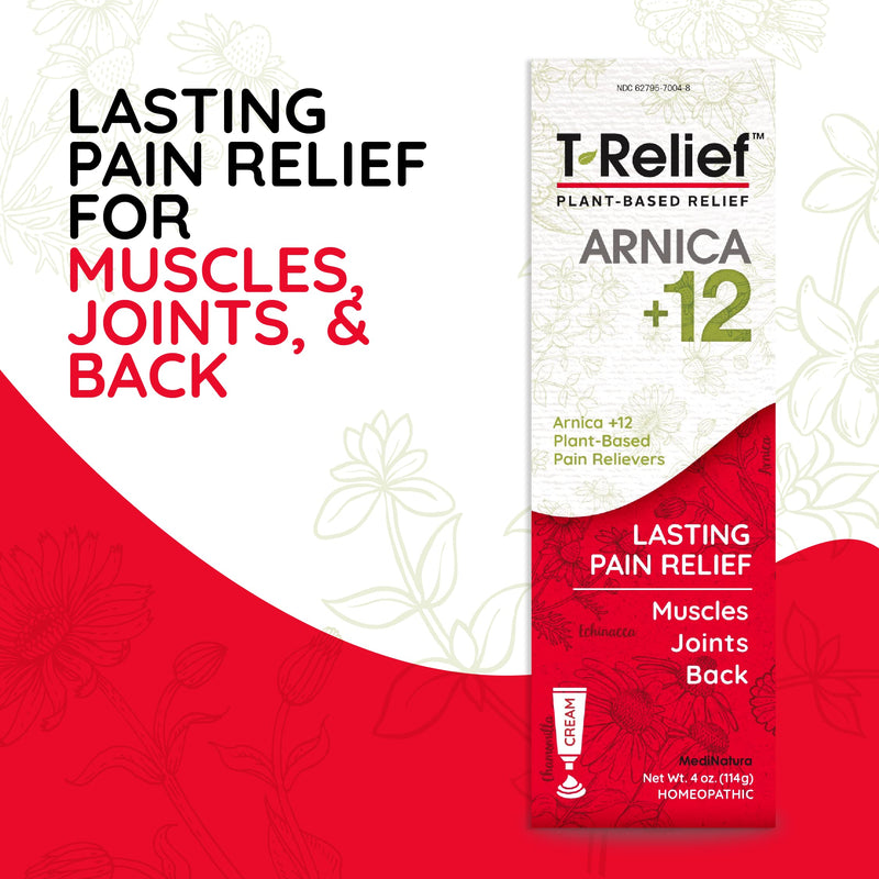 [Australia] - MediNatura T-Relief Pain Relief Arnica +12 Cream Fast-Acting Natural Relieving Actives Help Reduce Back, Neck, Joint, Muscle, Hand & Foot Aches, Pains, & Soreness - Gluten-Free - 4 oz 4 Ounce (Pack of 1) 