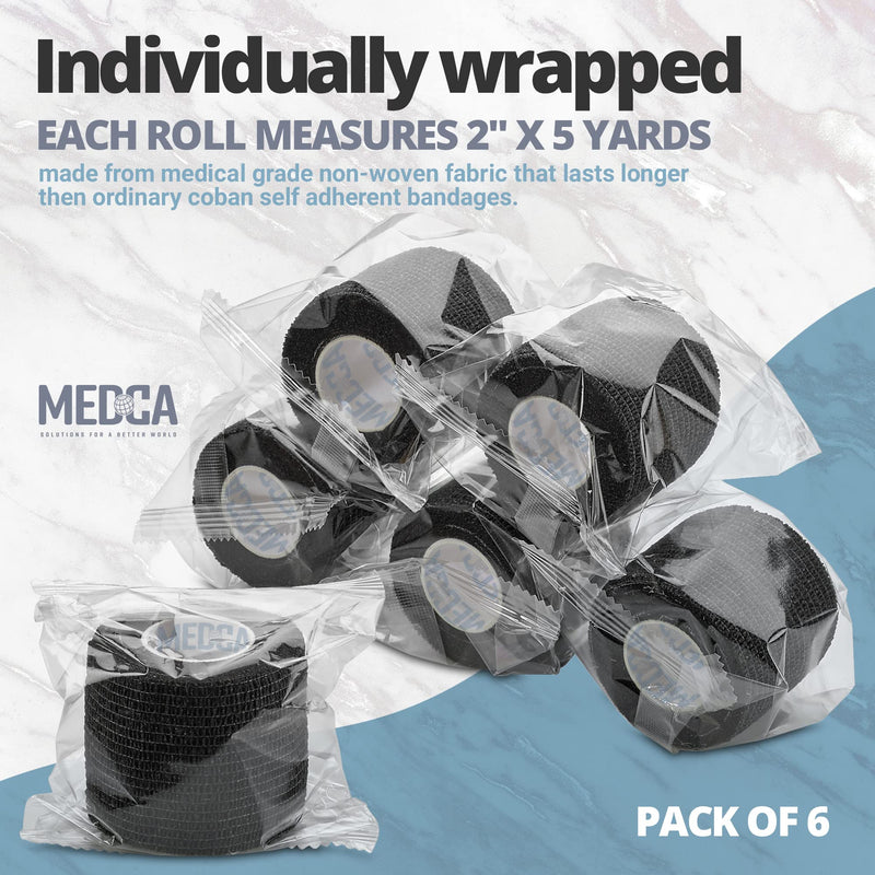 [Australia] - Self-Adherent Cohesive Bandage - Black Medical Wrap - 6 Rolls 2" Wide x 5 Yards Sports Tape for Medical Use, Sports, First Aid and Helps Protect Skin 