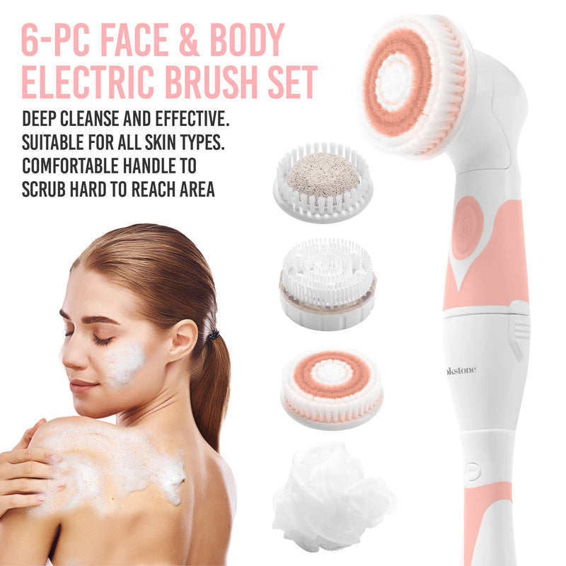 [Australia] - Brookstone Multi Face and Body Cleansing Brush Set for Deep Cleansing and Gentle Exfoliating, Removes Dead Skin Cells and Rejuvenates Skin, Rotating Head, Waterproof Design Face and Body Brush Set- White/Pink 