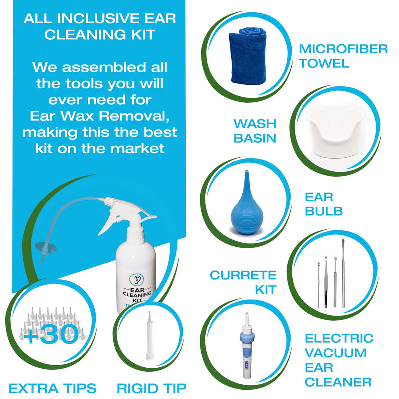[Australia] - Ear Wax Vacuum Removal Tool by Tilcare - Ear Irrigation Flushing System for Adults & Kids - Perfect Ear Cleaning Kit - Includes Electric Vacuum Tool, Basin, Syringe, Curette Kit, Towel and 30 Tips 