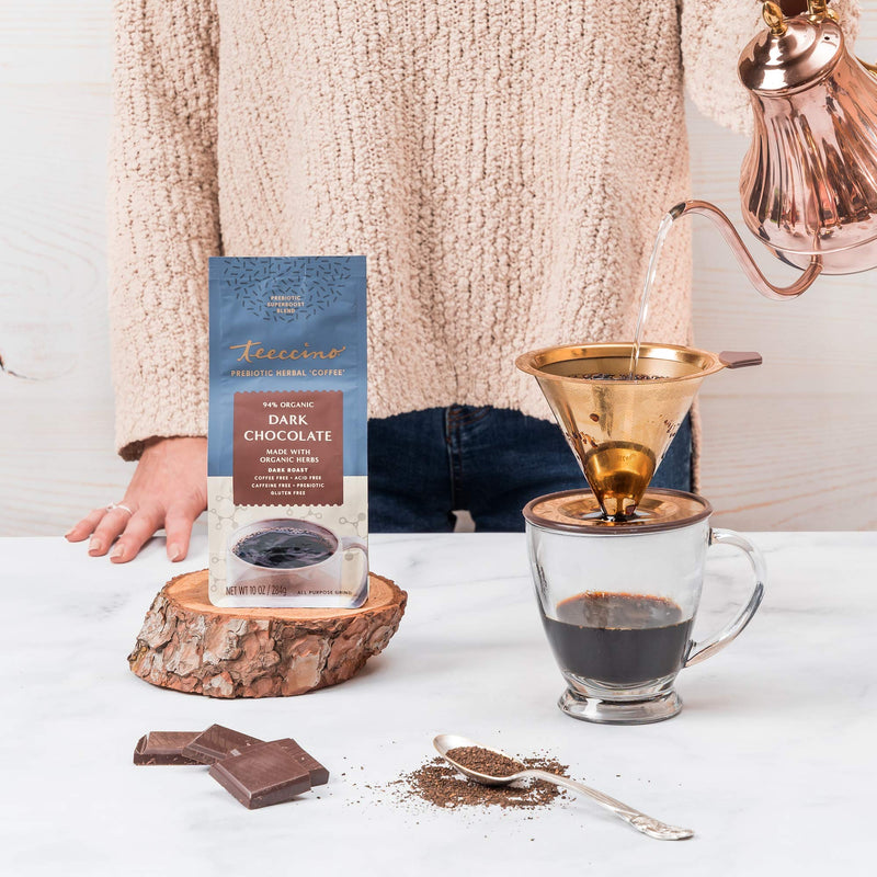 [Australia] - Teeccino Prebiotic SuperBoost™ Coffee Alternative – Dark Chocolate – Support Probiotics with Caffeine-Free Herbal Coffee Featuring 3 Vegan Prebiotics for Gut Health & Enhanced Mood, 10 Ounce 