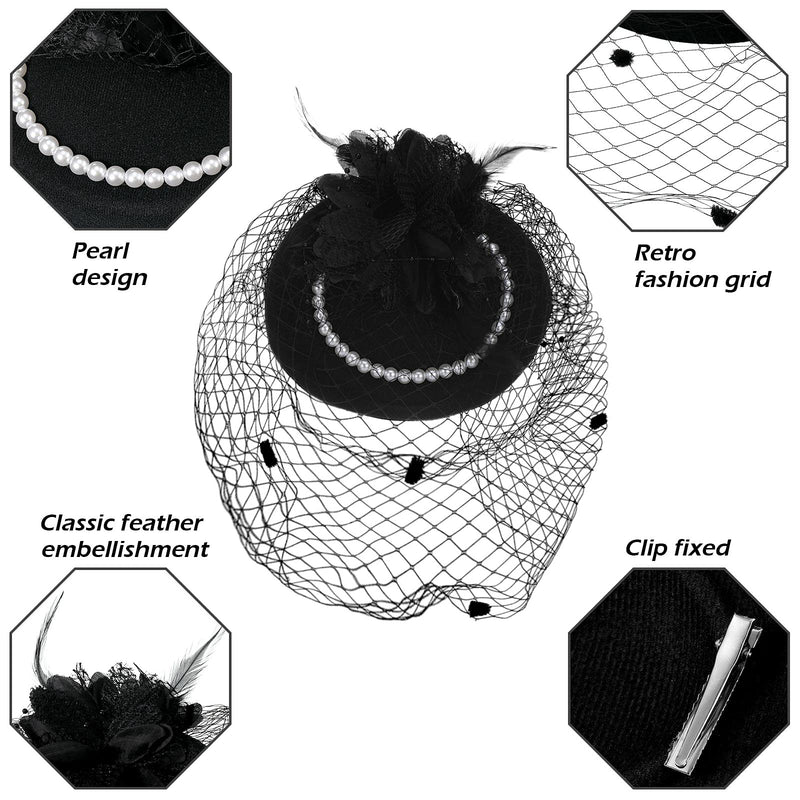 [Australia] - Women Faux Feather Veil Fascinator Hat 1950s Vintage Pillbox Mesh Feathers Hair Clip, Short Lace Gloves and Round Imitation Pearl Necklace for Tea Party Wedding Costume 