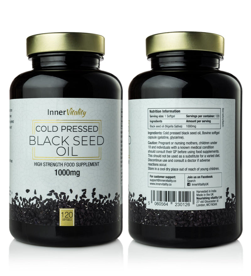 [Australia] - Black Seed Oil 120 Double Strength Capsules - Premium Cold Pressed Virgin Oil, High Strength Thymoquenine 3X% | 1000mg Softgels with Zero Additives (Non-GMO) Made in UK by Inner Vitality 