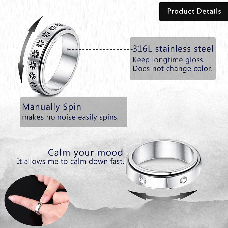 [Australia] - Sinselect 6Pcs Spinner Rings for Women Stainless Steel Fidget Band Rings Flower Moon Star Cool Rings Stress Relieving Wedding Promise Rings Set 6 