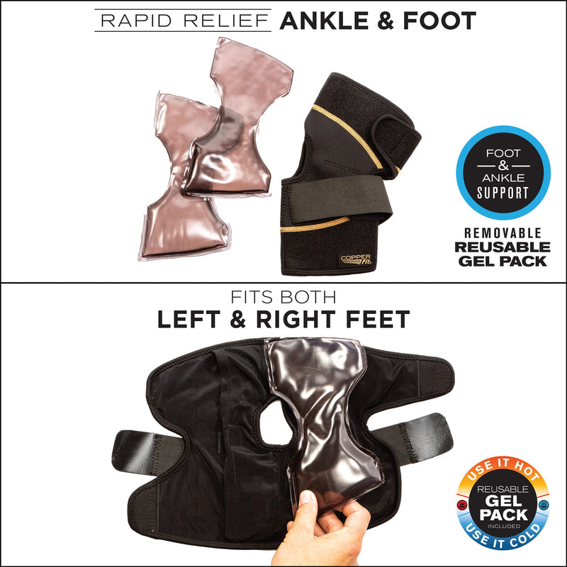 [Australia] - Copper Fit unisex adult Rapid Relief & Hot/Cold Ankle Foot Wrap with Hot Cold Pack, Black, One Size Fits Most US 