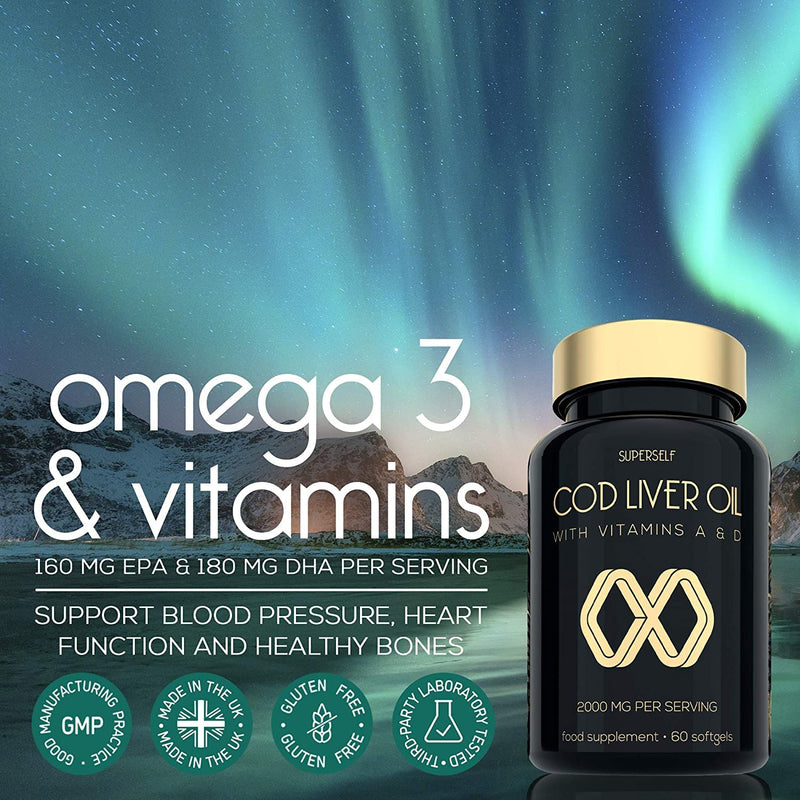 [Australia] - Cod Liver Oil Capsules - High Strength 2000mg - 60 Softgel Tablets - Rich in Omega 3 EPA DHA & Vitamins A and D - 1000mg Arctic Cod Liver Oil per Capsule - Odourless & Burp-Free Fish Oil - UK Made 