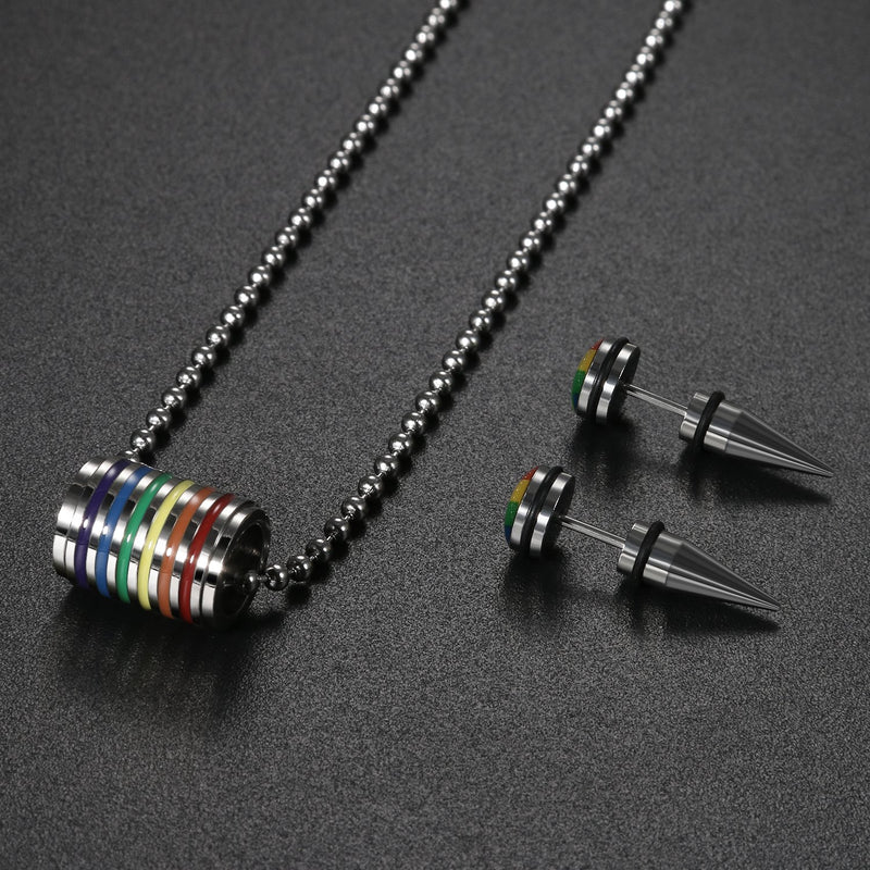 [Australia] - OIDEA Assorted Gay LGBT Pride Rainbow Pendant Necklace,2pcs 8MM Punk Rock Rivet Earring Studs,Hypoallergenic 