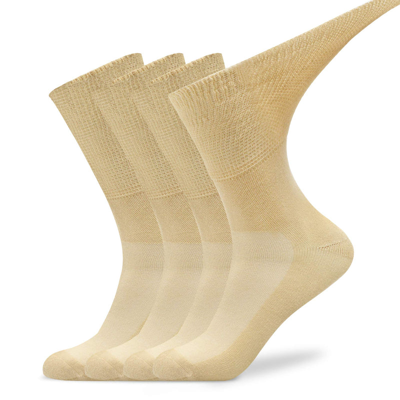 [Australia] - Busy Socks Non-Binding Top Diabetic Socks for Men Women, Thin Soft Crew Mid Calf Socks with Seamless Toe X-Large 4 Pairs Beige 