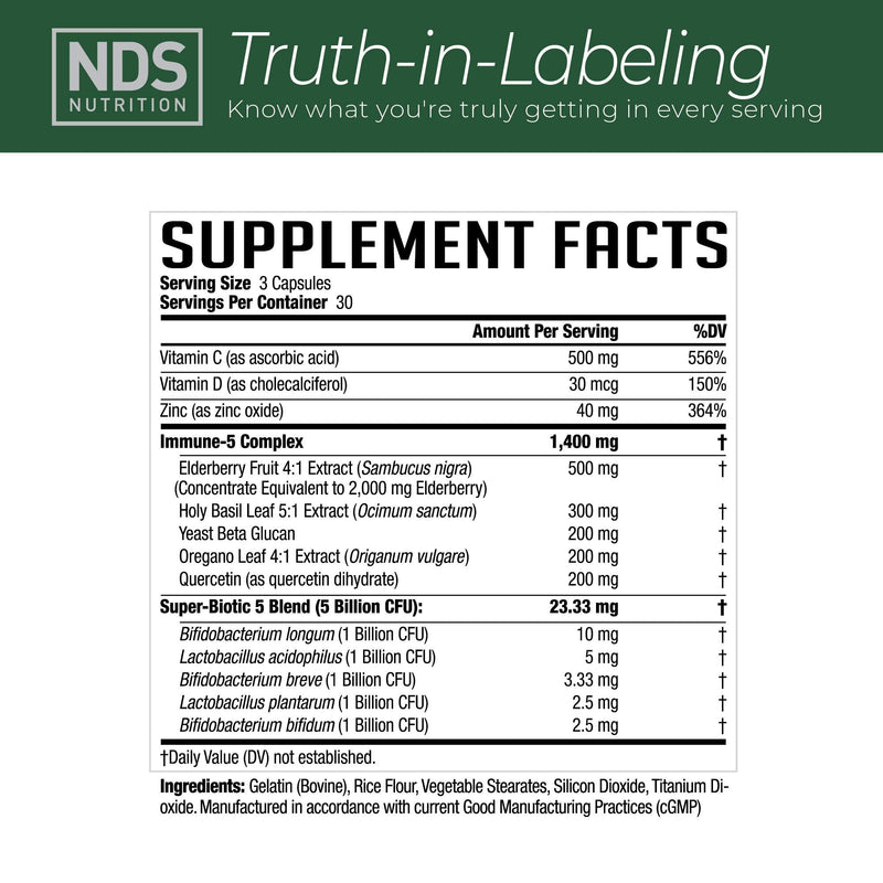[Australia] - NDS Nutrition Advanced Immune Booster – Comprehensive Immune Support Supplement for Adults with Elderberry, Vitamin C, Vitamin D, Zinc and 5 Billion CFU Probiotic - Herbal Immune Defense (90 Capsules) 