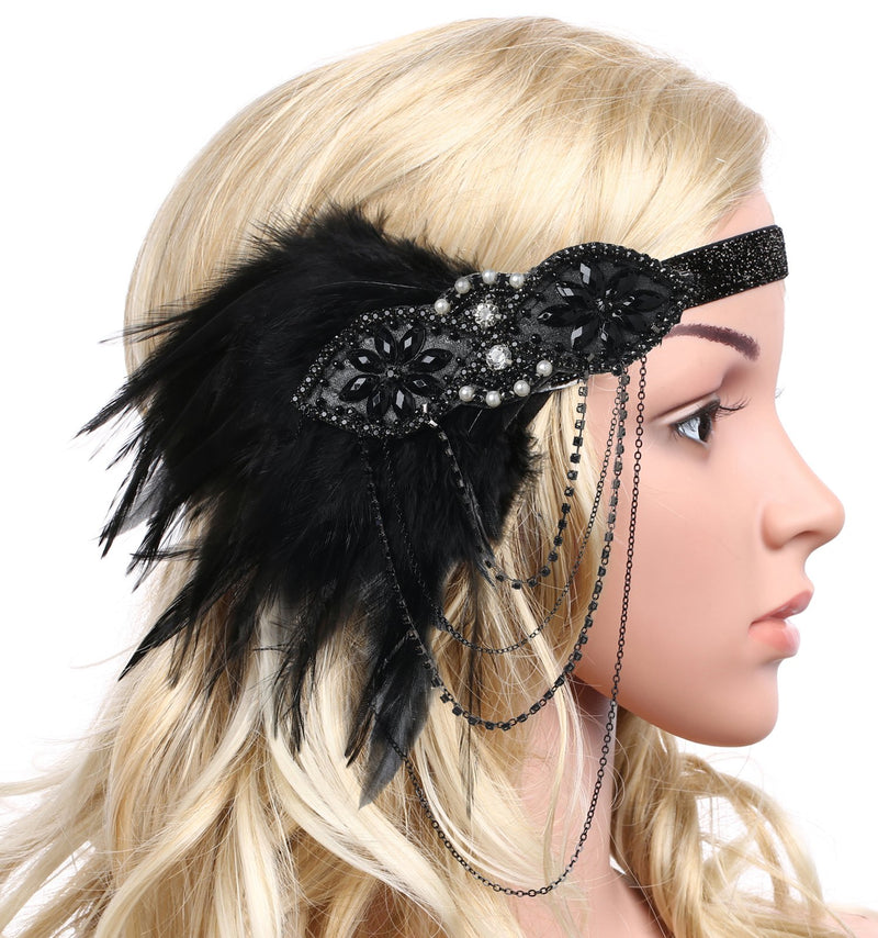 [Australia] - BABEYOND 1920s Flapper Headband 20s Great Gatsby Headpiece Black Feather Headband 1920s Flapper Gatsby Hair Accessories (Black) 