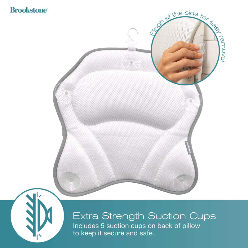 [Australia] - Brookstone Luxury Breathable Mesh Spa Bath Pillow - Head Neck & Shoulder Support Cushion - Easy Storage Hook - Secure Suction Cups Adhere to Bathtub, Spa & Jacuzzi 