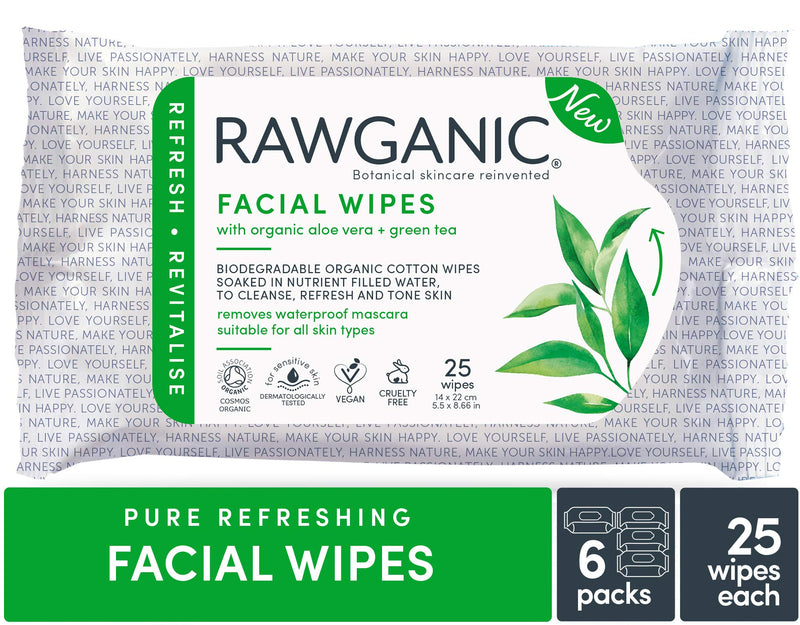 [Australia] - RAWGANIC Refreshing Facial Wipes | Gentle Soothing, Alcohol-free, Fragrance-free, Biodegradable Organic Cotton Wipes | with Aloe Vera and Green Tea | 6 Packs (150 wipes in total) 6 Packs (150 wipes in total) 