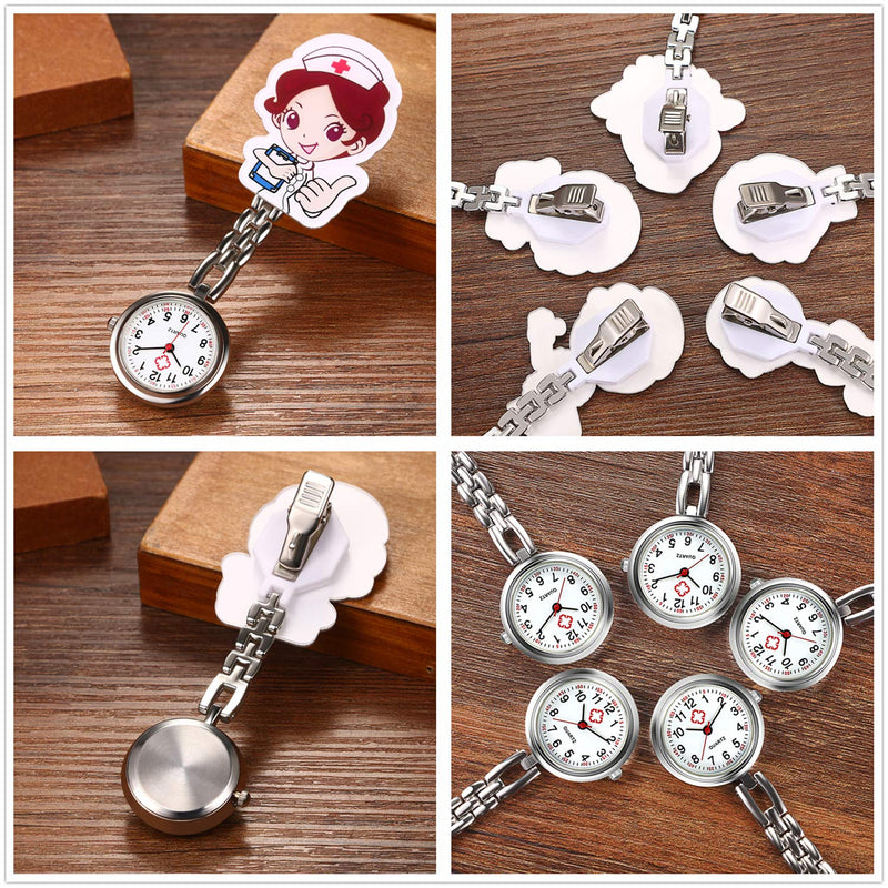 [Australia] - AVANER Nurse Watches Cute Cartoon Design Clip-on Fob Watches Analog Quartz Hanging Lapel Watches for Women (5 Pcs) Style1-click 