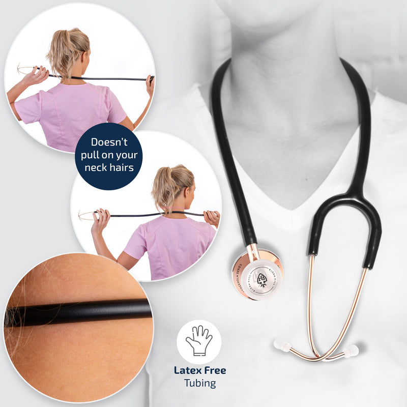 [Australia] - BJÖRN HALL Rose Gold Black Stethoscope with Designer Carrying Case | Stainless Steel Turnable Chest Piece | Super Lightweight 5.9oz| Perfect Gift for Nurses Veterinary & Students | Black Tubing RGB Black Rose Gold 