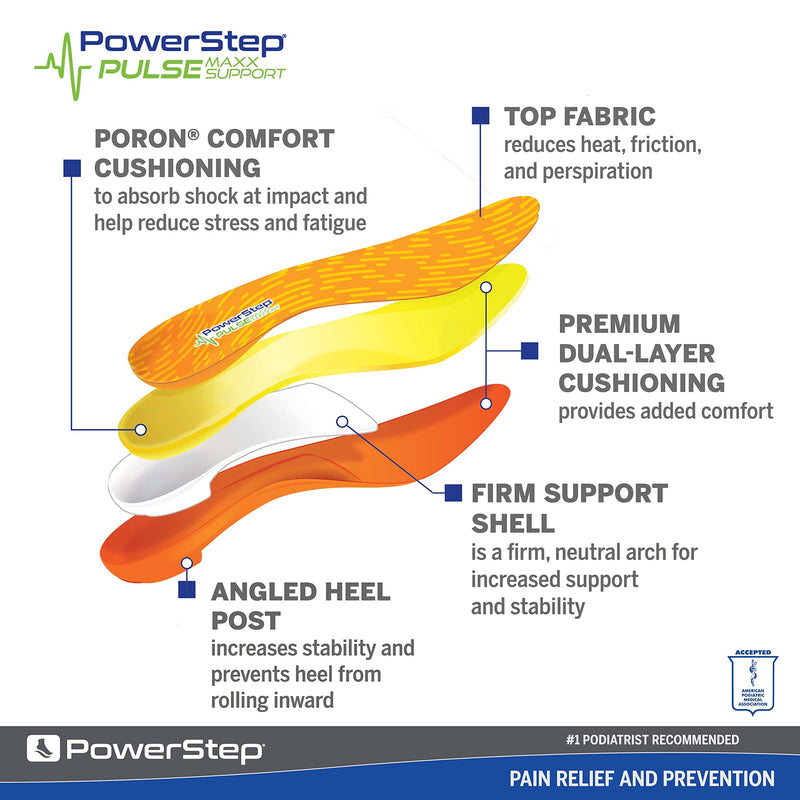 [Australia] - Powerstep Insoles, PULSE Maxx, Over-Pronation Corrective Insole, Running Shoe Insert, Sports Orthotic For Women and Men Orange/Green Men's 6-6.5 / Women's 8-8.5 