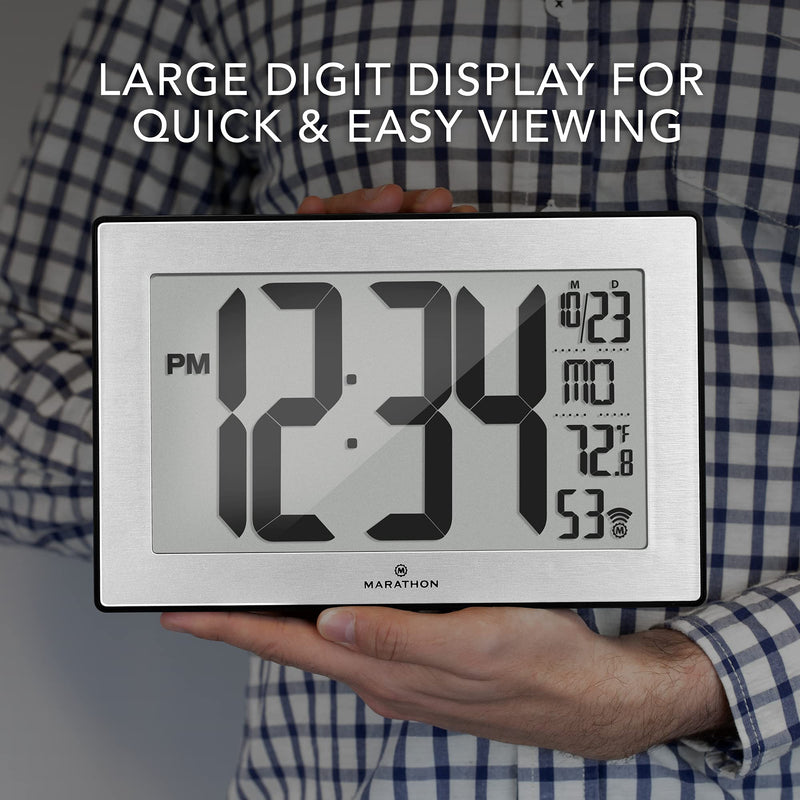 [Australia] - MARATHON CL030068 Slim Panoramic Atomic Wall Clock with Table Stand (Black/Stainless Steel) Black/Stainless Steel 