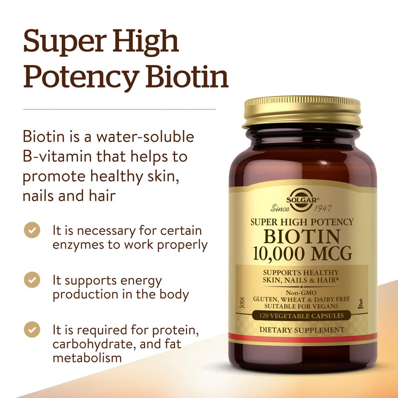 [Australia] - Solgar Biotin 10,000 mcg, 120 Vegetable Capsules - Energy, Metabolism, Promotes Healthy Skin, Nails & Hair - Super High Potency - Non-GMO, Vegan, Gluten Free, Dairy Free, Kosher - 120 Servings 120 Count (Pack of 1) 