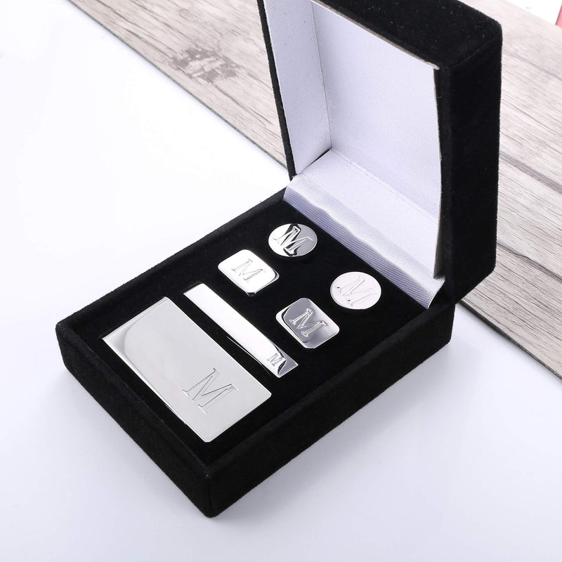 [Australia] - JOERICA 6 PCS Engraved Initial Cufflinks Tie Bar Money Clip Set Shirt Alphabet Letter Wallet Tie Clip and Cufflink Set M 