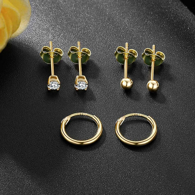 [Australia] - Gulicx Sterling Silver Stud Hoop Earrings for Women Girls, 4 Pairs Hypoallergenic Small 3mm Round Ball Cubic Zirconia Stud Earring 12mm Cartilage Sleeper Hoop Earring Set, Color: Silver/Gold/Rose Gold Gold Earrings Set 