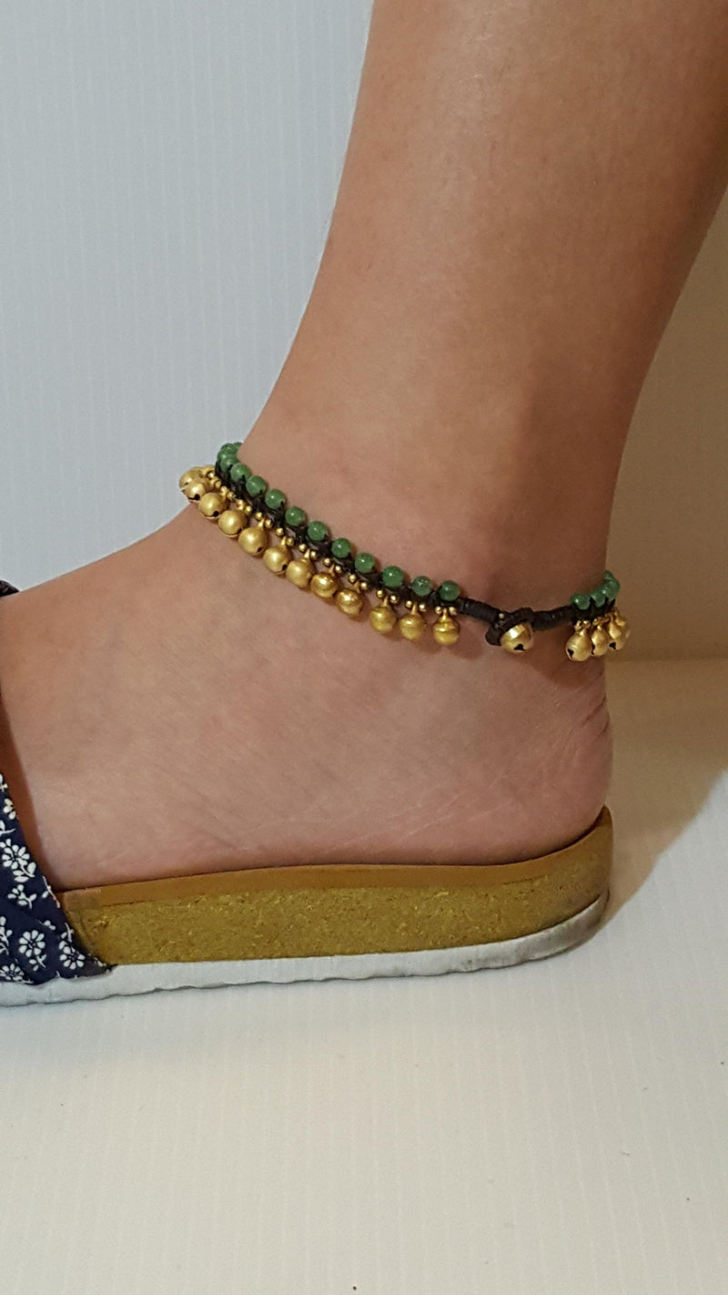 [Australia] - Infinity Trendy Fashion Anklet Green Jade and Brass Bell Ankle Bracelet 10 Inches Woven with Wax Cord Beautiful Handmade Hippie Bohemian Style 