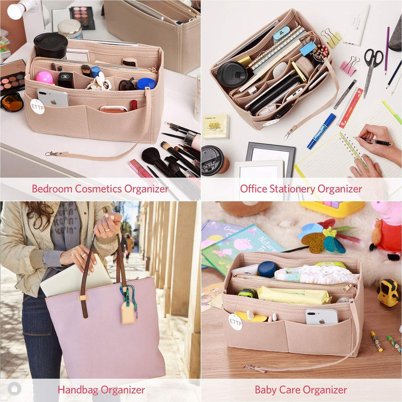 [Australia] - Purse Organizer Insert, Felt Tote Organizer Insert With Metal Zipper, Handbag Organizer For Speedy, Neverfull, Tote, Handbag, 7 Colors 5 Sizes Medium Beige 