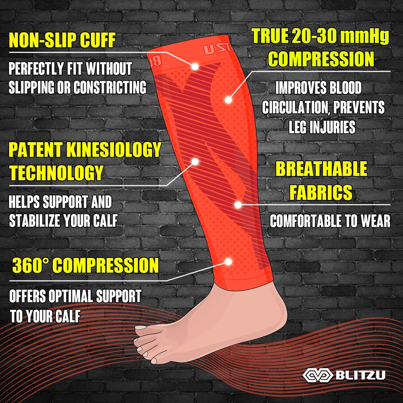 [Australia] - BLITZU 3 Pairs Calf Compression Sleeves for Women and Men Size S-M, One Orange, One Black, One White Calf Sleeve, Leg Compression Sleeve for Calf Pain and Shin Splints. Footless Compression Socks. 