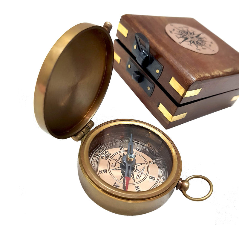 [Australia] - Antique Brass Compass Functional Direction Sailor Article Brown Wood Royal Box compasses 